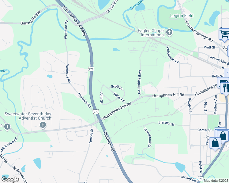 map of restaurants, bars, coffee shops, grocery stores, and more near 5901 Miller Road in Austell