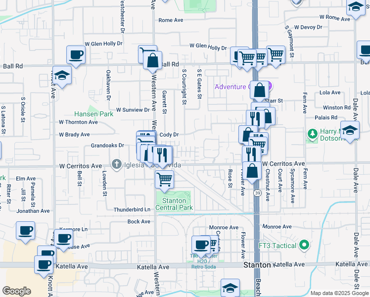map of restaurants, bars, coffee shops, grocery stores, and more near 10391 Dana Way in Stanton