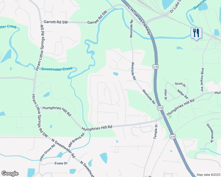 map of restaurants, bars, coffee shops, grocery stores, and more near 5745 Newnan Circle in Austell