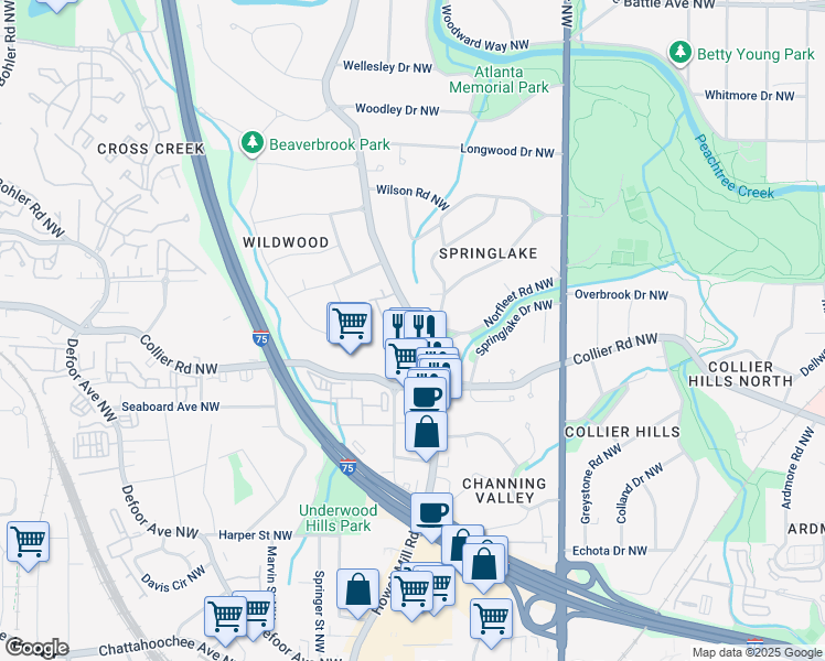 map of restaurants, bars, coffee shops, grocery stores, and more near 2070 Howell Mill Road Northwest in Atlanta