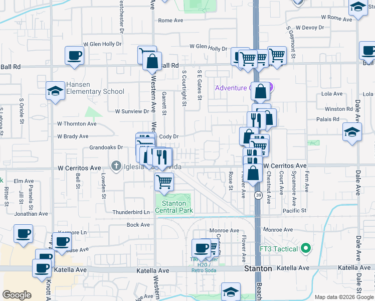 map of restaurants, bars, coffee shops, grocery stores, and more near 10400 Mills Way in Stanton