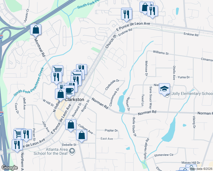 map of restaurants, bars, coffee shops, grocery stores, and more near 1106 Clydedale Drive in Clarkston