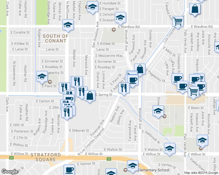 map of restaurants, bars, coffee shops, grocery stores, and more near 5820 East Pavo Street in Long Beach