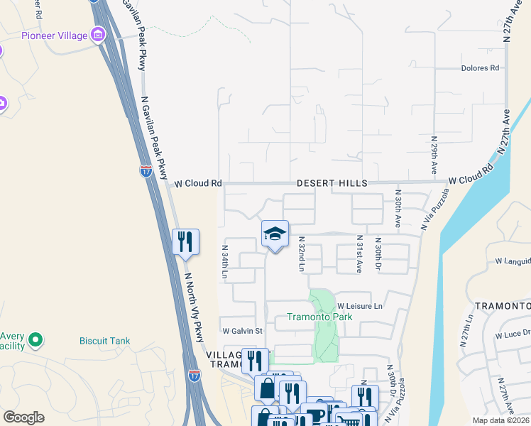 map of restaurants, bars, coffee shops, grocery stores, and more near 36006 North 33rd Lane in Phoenix