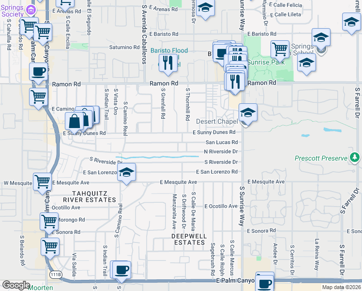 map of restaurants, bars, coffee shops, grocery stores, and more near 1221 San Lucas Road in Palm Springs