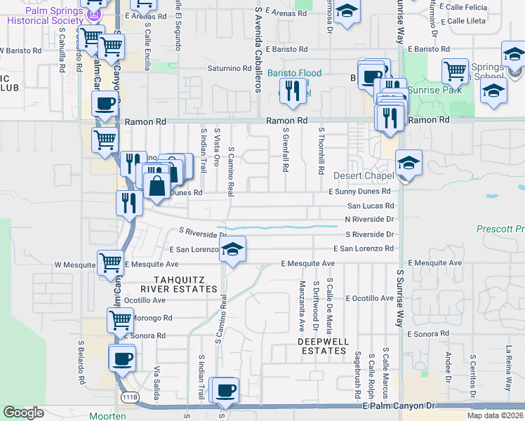 map of restaurants, bars, coffee shops, grocery stores, and more near 953 San Lucas Road in Palm Springs