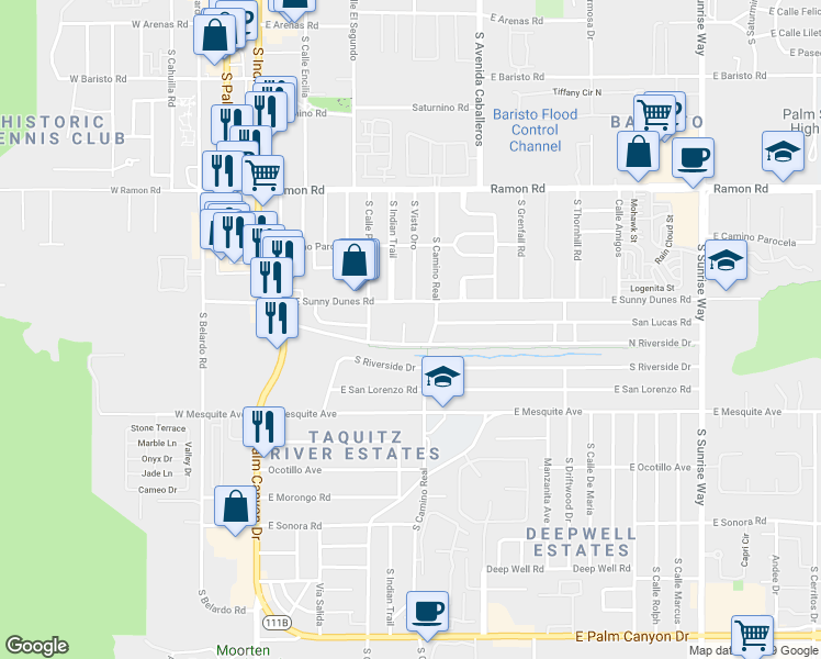 map of restaurants, bars, coffee shops, grocery stores, and more near 832 Riverside Place in Palm Springs