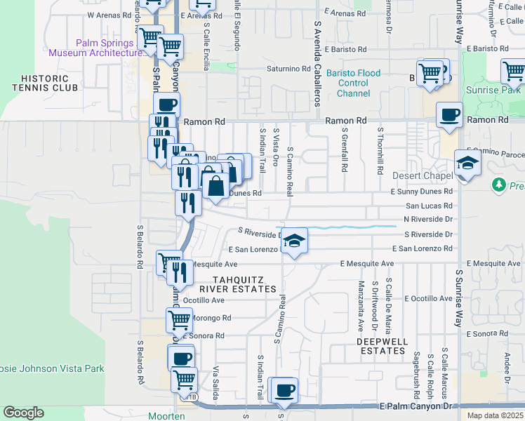 map of restaurants, bars, coffee shops, grocery stores, and more near 750 South Calle Palo Fierro in Palm Springs