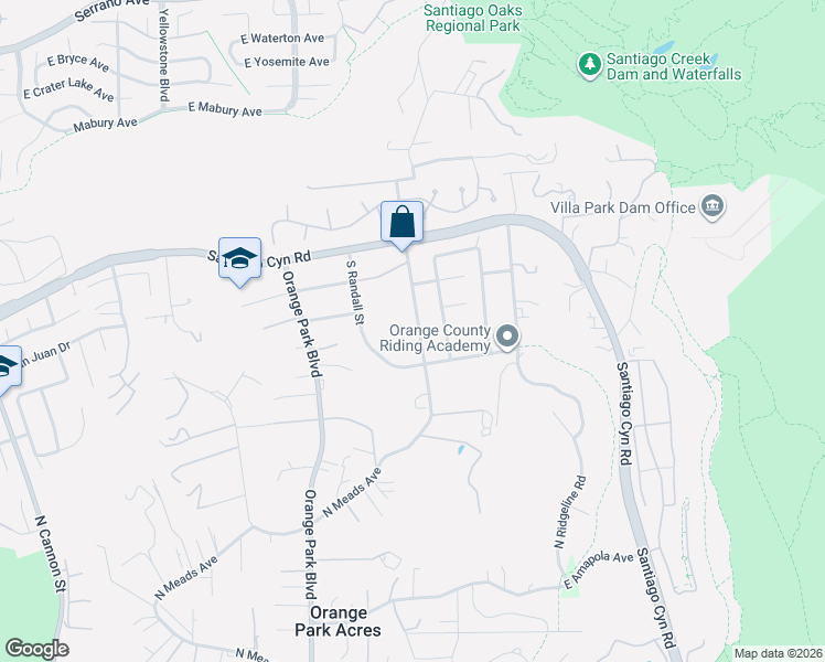 map of restaurants, bars, coffee shops, grocery stores, and more near 10401 North Meads Avenue in Orange