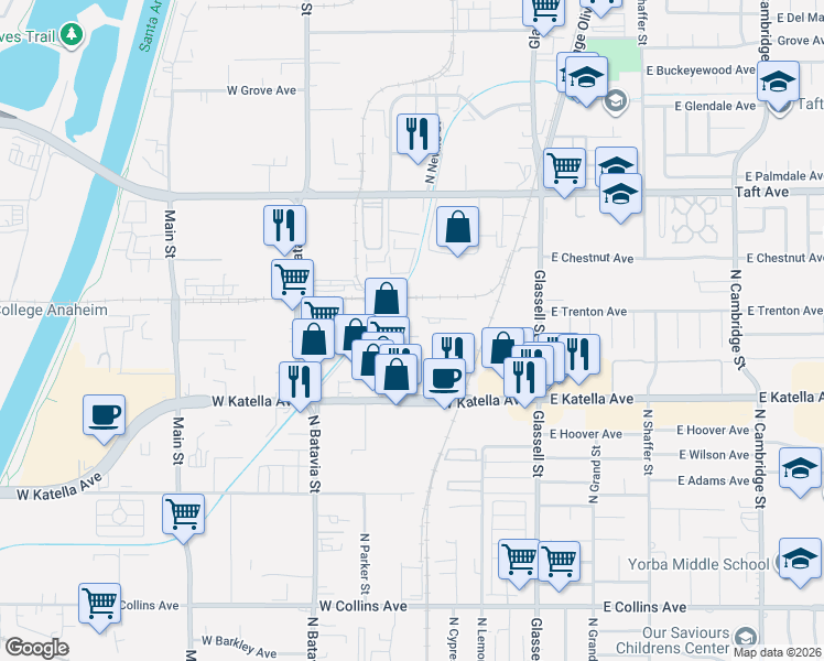 map of restaurants, bars, coffee shops, grocery stores, and more near 1425 North Manzanita Street in Orange