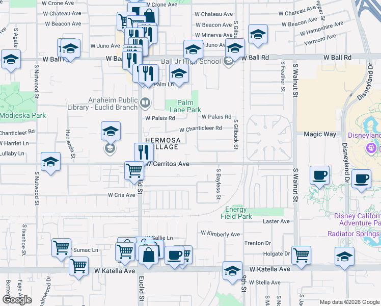 map of restaurants, bars, coffee shops, grocery stores, and more near 1475 Carnelian Street in Anaheim