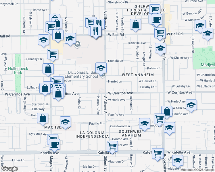 map of restaurants, bars, coffee shops, grocery stores, and more near 10412 Gilbert Street in Anaheim