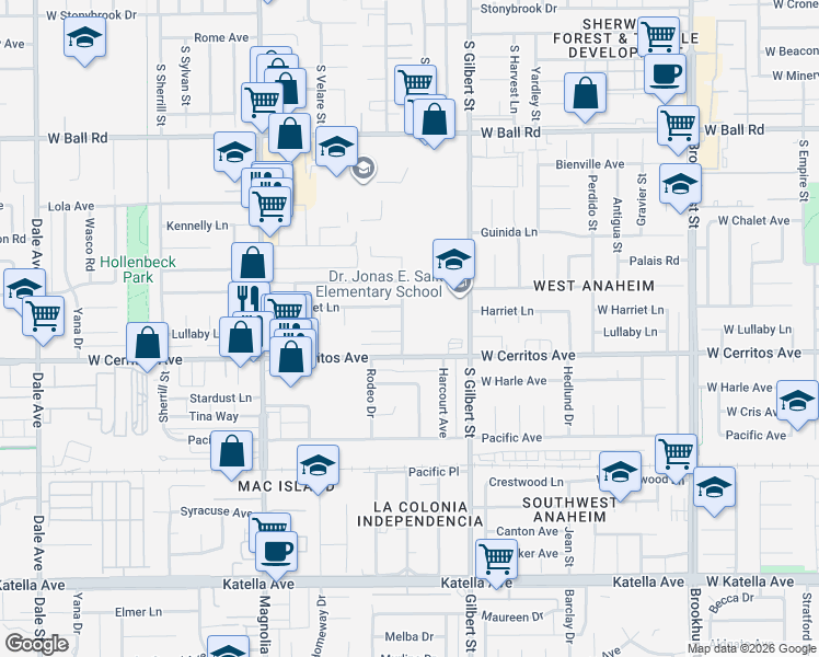 map of restaurants, bars, coffee shops, grocery stores, and more near 2455 Lullaby Lane in Anaheim