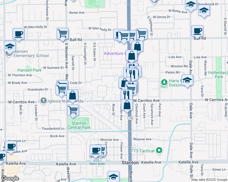 map of restaurants, bars, coffee shops, grocery stores, and more near 7822 1st Street in Stanton