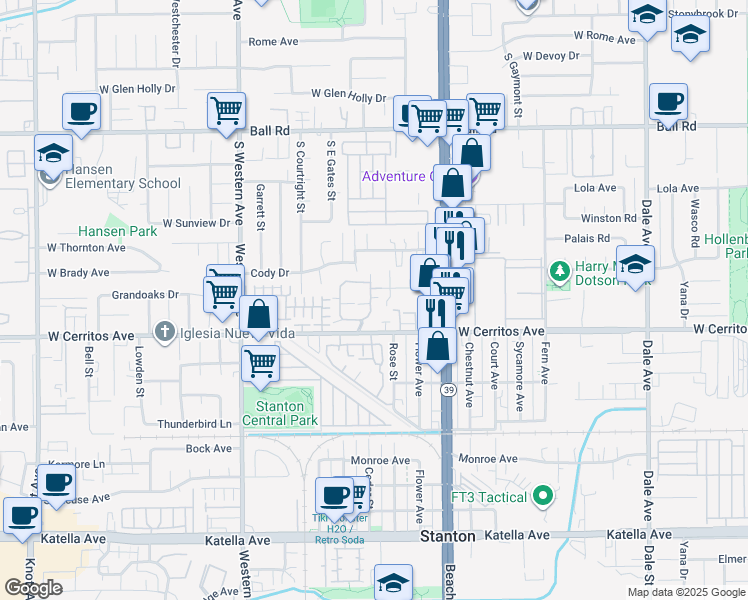 map of restaurants, bars, coffee shops, grocery stores, and more near 7822 1st Street in Stanton