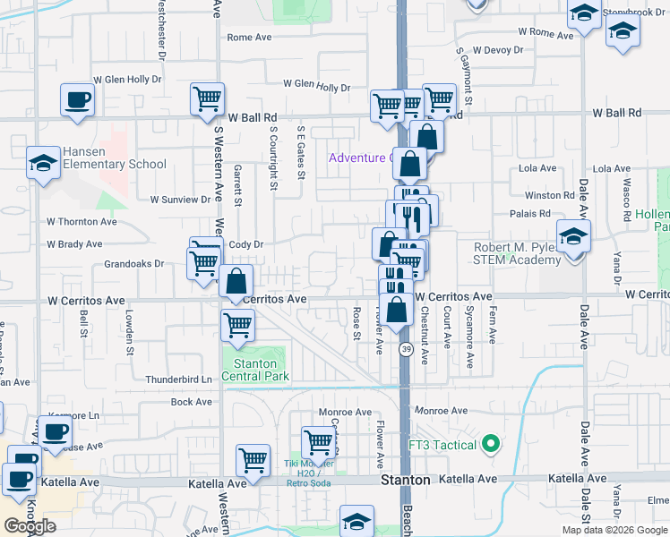 map of restaurants, bars, coffee shops, grocery stores, and more near 7822 1st Street in Stanton