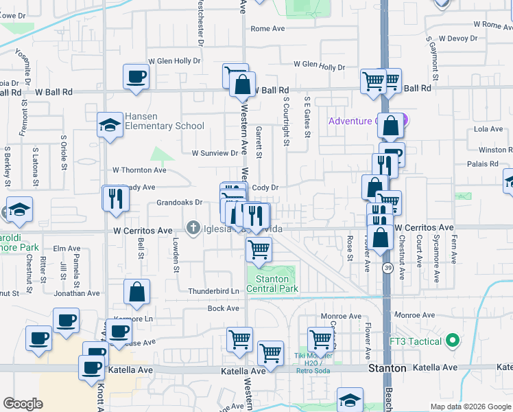 map of restaurants, bars, coffee shops, grocery stores, and more near 7511 College Drive in Stanton