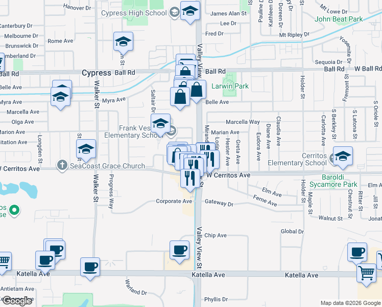 map of restaurants, bars, coffee shops, grocery stores, and more near 5966 Cathy Avenue in Cypress