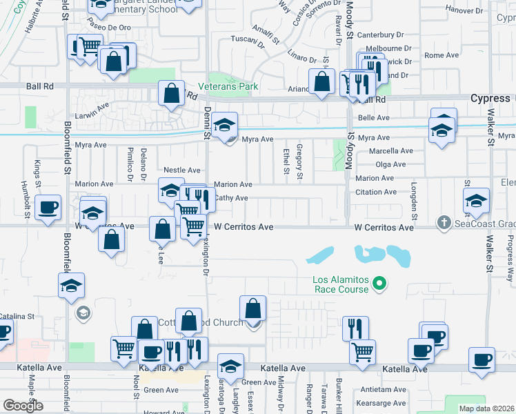 map of restaurants, bars, coffee shops, grocery stores, and more near 4662 Cathy Avenue in Cypress