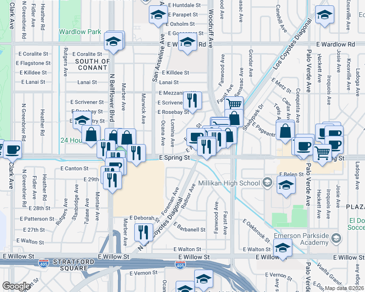 map of restaurants, bars, coffee shops, grocery stores, and more near 5820 East Pavo Street in Long Beach