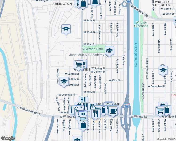 map of restaurants, bars, coffee shops, grocery stores, and more near 2992 Santa Fe Avenue in Long Beach