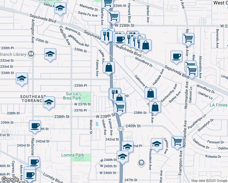 map of restaurants, bars, coffee shops, grocery stores, and more near 23552 South Western Avenue in Los Angeles