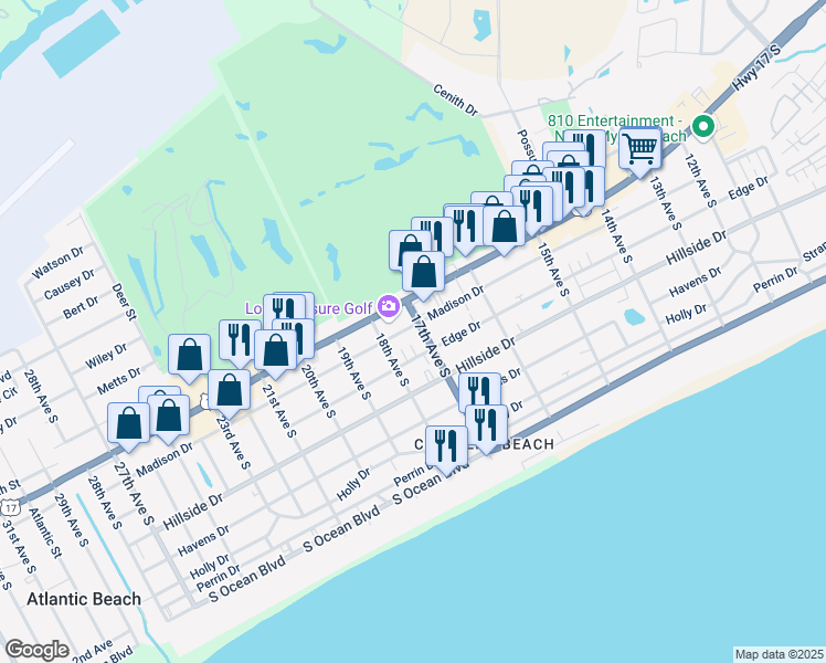map of restaurants, bars, coffee shops, grocery stores, and more near 709 17th Avenue South in North Myrtle Beach