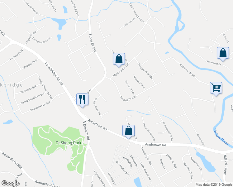 map of restaurants, bars, coffee shops, grocery stores, and more near 2645 Kinnett Drive Southwest in Lilburn