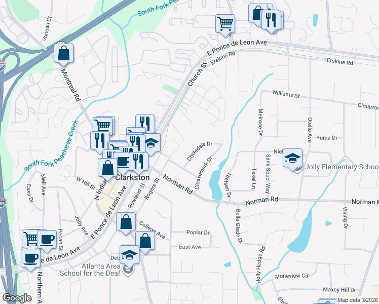 map of restaurants, bars, coffee shops, grocery stores, and more near 1106 Clydedale Drive in Clarkston
