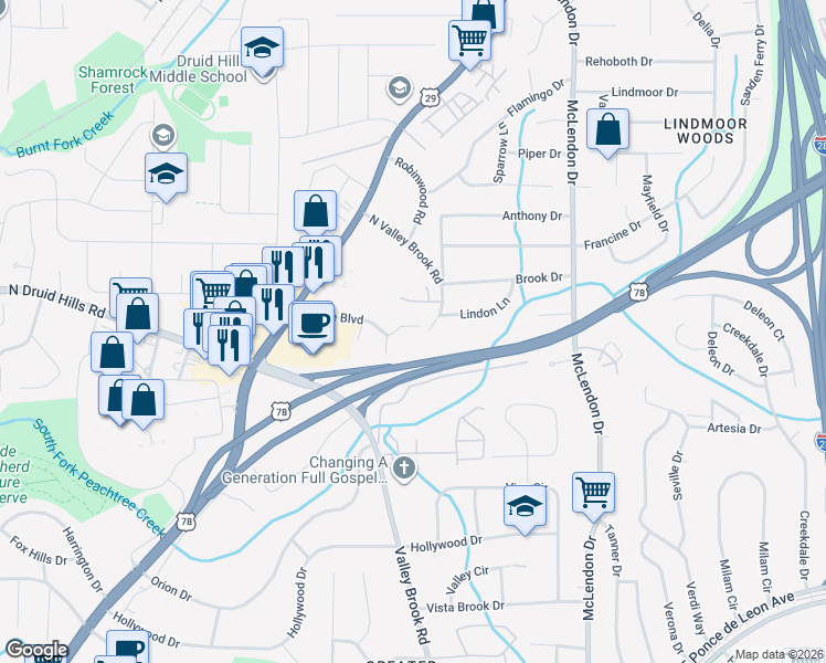 map of restaurants, bars, coffee shops, grocery stores, and more near 2064 Brian Way in Decatur