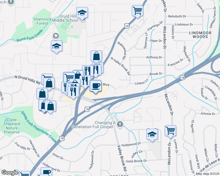 map of restaurants, bars, coffee shops, grocery stores, and more near 1949 Brian Way in Decatur