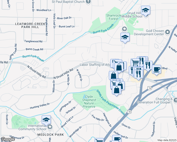 map of restaurants, bars, coffee shops, grocery stores, and more near 1110 Druid Lake in Decatur