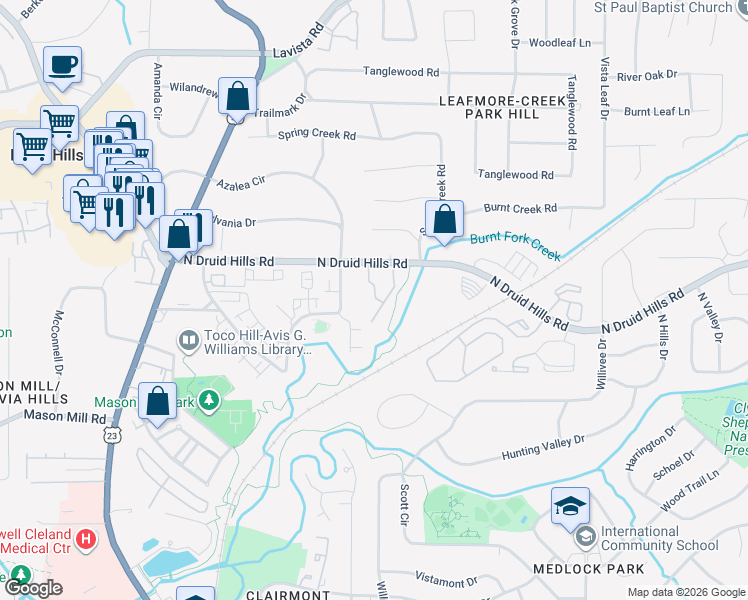 map of restaurants, bars, coffee shops, grocery stores, and more near 1125 Moorestown Circle in Decatur