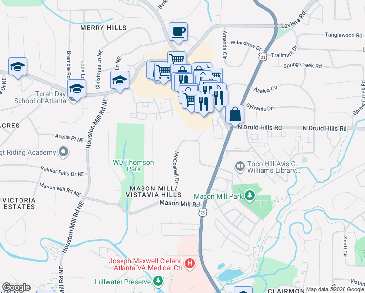 map of restaurants, bars, coffee shops, grocery stores, and more near 1131 McConnell Drive in Decatur