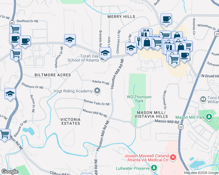 map of restaurants, bars, coffee shops, grocery stores, and more near 1118 Houston Mill Road Northeast in Atlanta