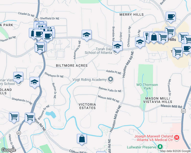 map of restaurants, bars, coffee shops, grocery stores, and more near 1132 Rogeretta Drive Northeast in Atlanta