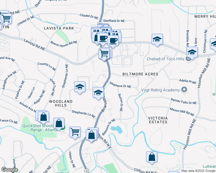 map of restaurants, bars, coffee shops, grocery stores, and more near 1107 Briar Cove Circle in Atlanta