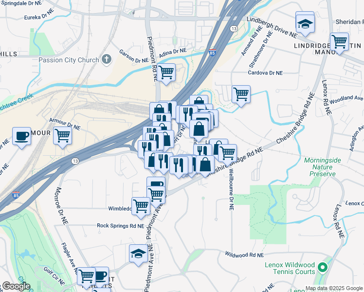 map of restaurants, bars, coffee shops, grocery stores, and more near 584 Bismark Road Northeast in Atlanta