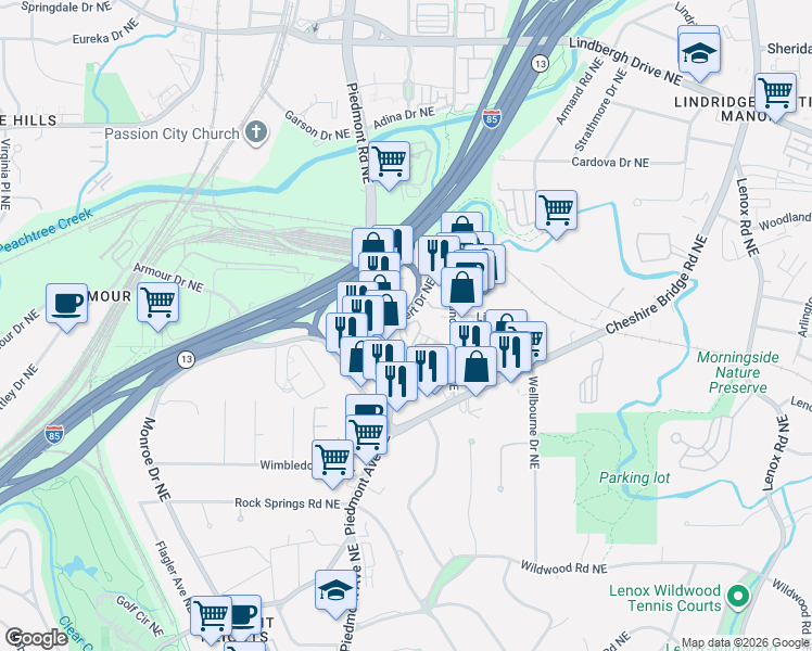 map of restaurants, bars, coffee shops, grocery stores, and more near 580 Bismark Road Northeast in Atlanta