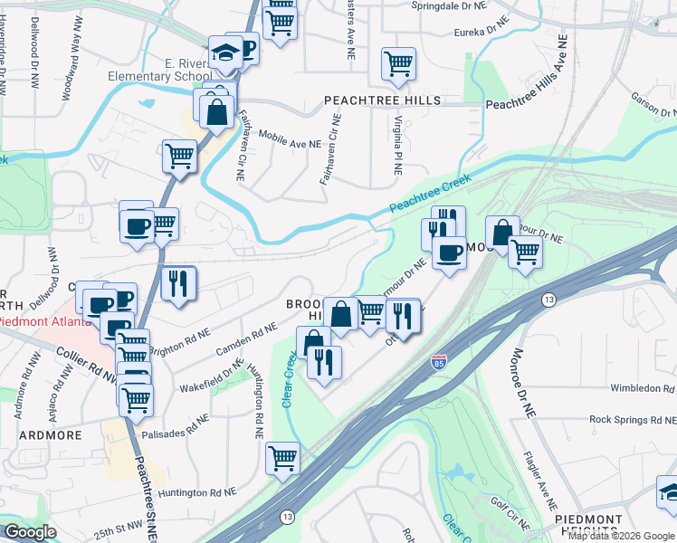 map of restaurants, bars, coffee shops, grocery stores, and more near 324 Camden Road Northeast in Atlanta