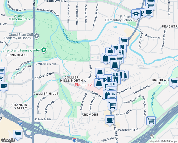map of restaurants, bars, coffee shops, grocery stores, and more near 2064 Dellwood Drive Northwest in Atlanta