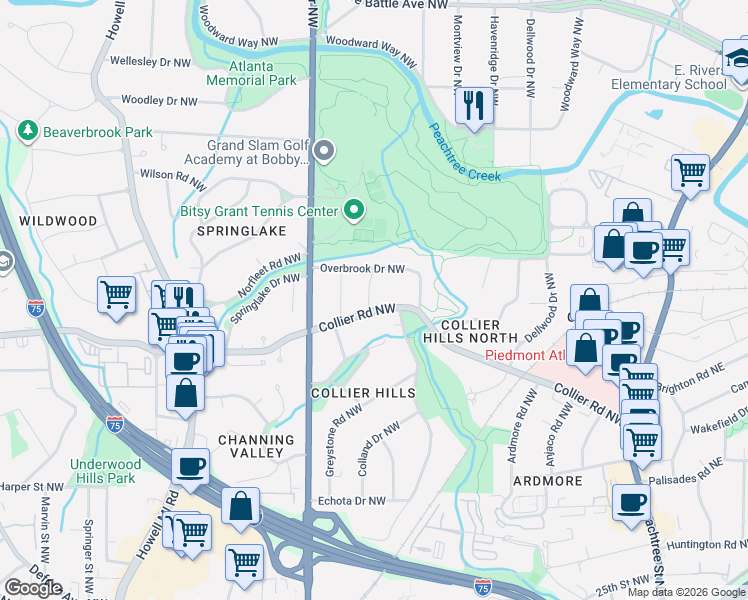 map of restaurants, bars, coffee shops, grocery stores, and more near 2065 Evergreen Lane Northwest in Atlanta