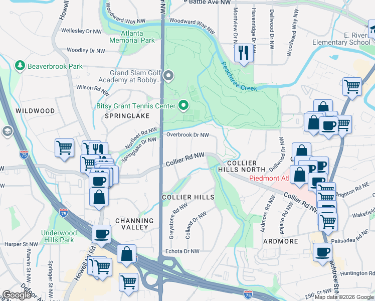 map of restaurants, bars, coffee shops, grocery stores, and more near 2065 Evergreen Lane Northwest in Atlanta