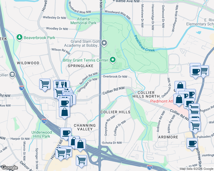 map of restaurants, bars, coffee shops, grocery stores, and more near 2060 Cottage Lane Northwest in Atlanta
