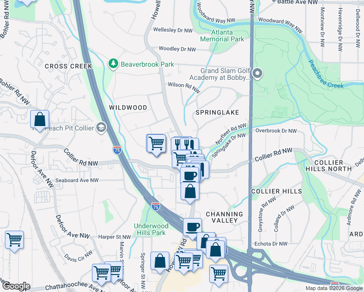 map of restaurants, bars, coffee shops, grocery stores, and more near 2070 Howell Mill Road Northwest in Atlanta
