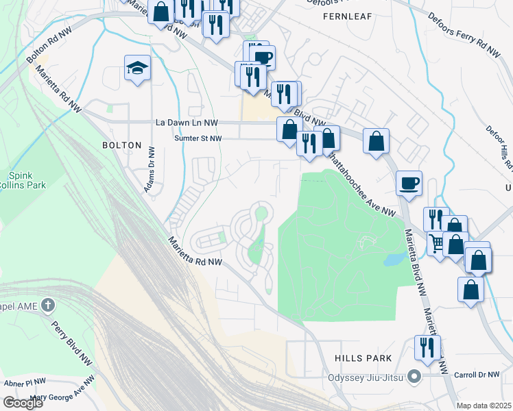 map of restaurants, bars, coffee shops, grocery stores, and more near 1605 Gilstrap Lane Northwest in Atlanta