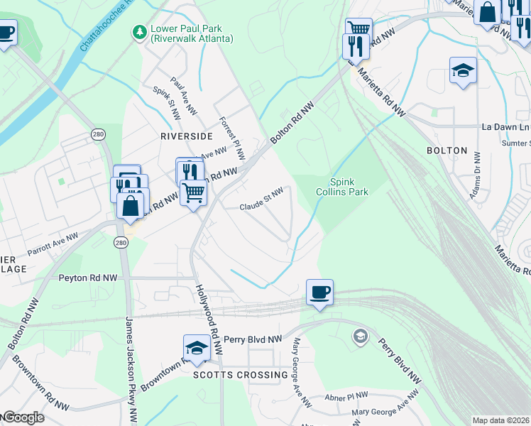 map of restaurants, bars, coffee shops, grocery stores, and more near 2450 Claude Street Northwest in Atlanta
