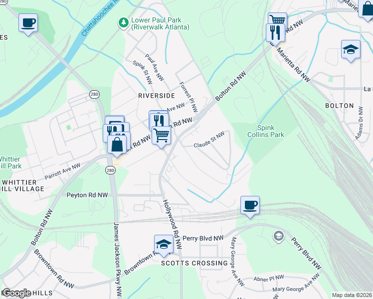 map of restaurants, bars, coffee shops, grocery stores, and more near 2482 Claude Street Northwest in Atlanta