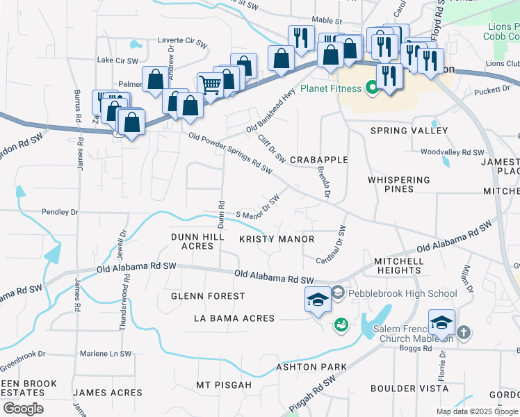 map of restaurants, bars, coffee shops, grocery stores, and more near 1000 South Manor Drive Southwest in Mableton