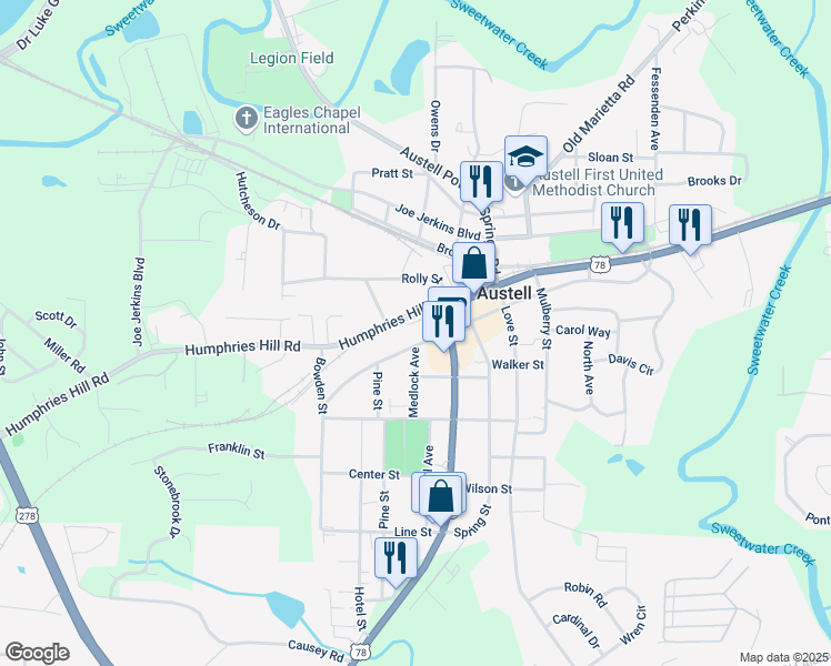 map of restaurants, bars, coffee shops, grocery stores, and more near 2845 Railroad Avenue in Austell